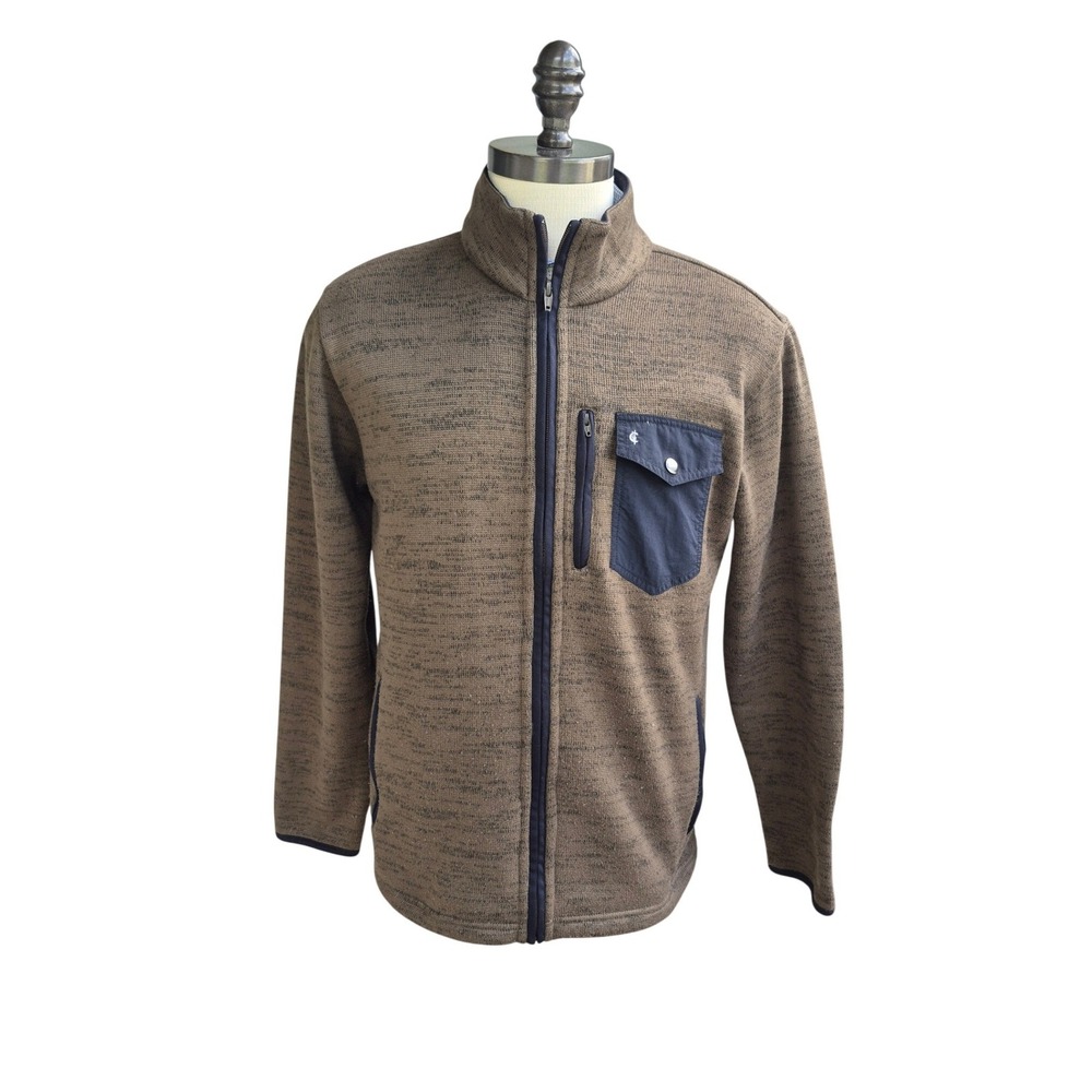 Criquet Mens Full Zip Fleece Jacket Olive Brown Heathered Mock Neck Size Medium